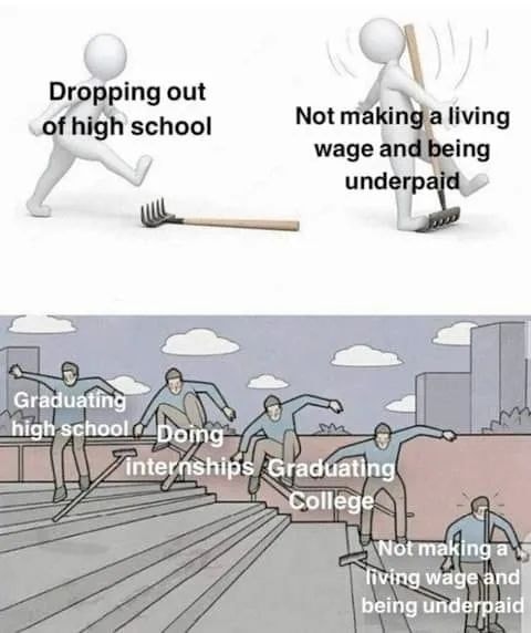 This meme is a humorous comparison between the struggles of growing up and the challenges of adulthood. It shows a stick figure progressing from "dropping out of high school" to "not making a living wage" in a series of increasingly difficult situations, including "not graduating from college", "not getting a job", and "not being able to afford basic needs". The text "dropping out of high school" is at the top, and the subsequent steps are labeled with phrases that are often associated with poor life choices, such as "not making a living wage", "not graduating from college", "not getting a job", and "not being able to afford basic needs".